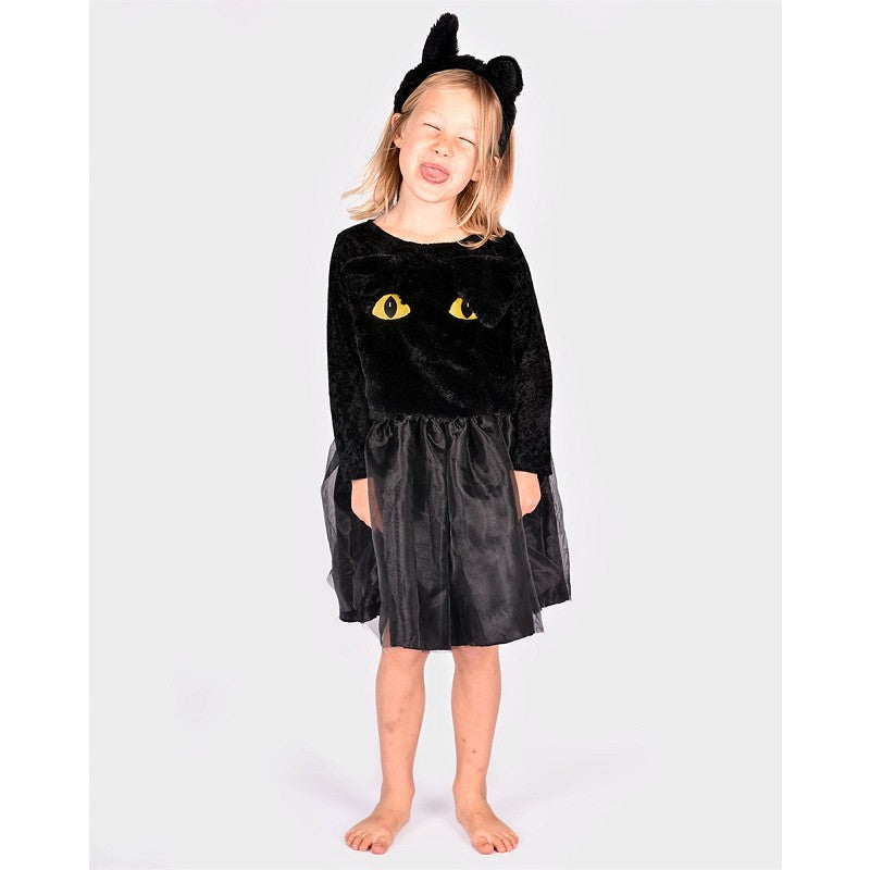BLACK CAT DRESS W. HEAD PIECE 122-128 CL 6-8 YEARS