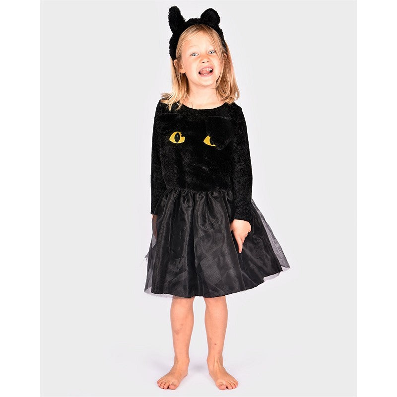 BLACK CAT DRESS W. HEAD PIECE 110-116 CL 4-6 YEARS