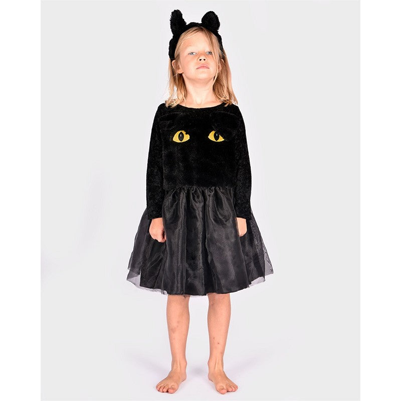 BLACK CAT DRESS W. HEAD PIECE 122-128 CL 6-8 YEARS