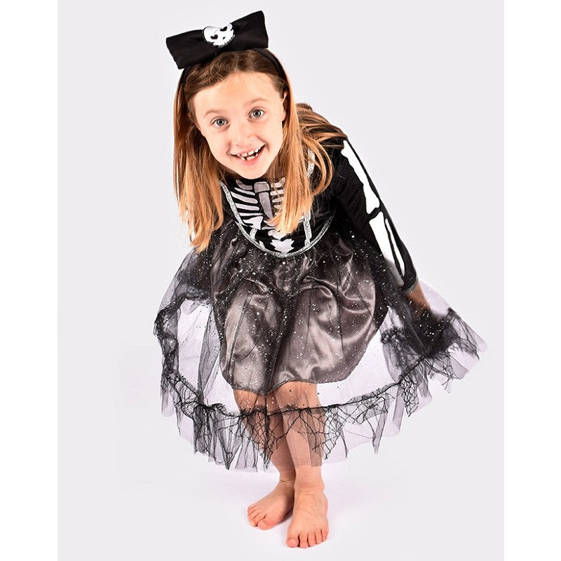 DRESS SKELETON W. HEADBAND 110-116 CL 4-6 YEARS
