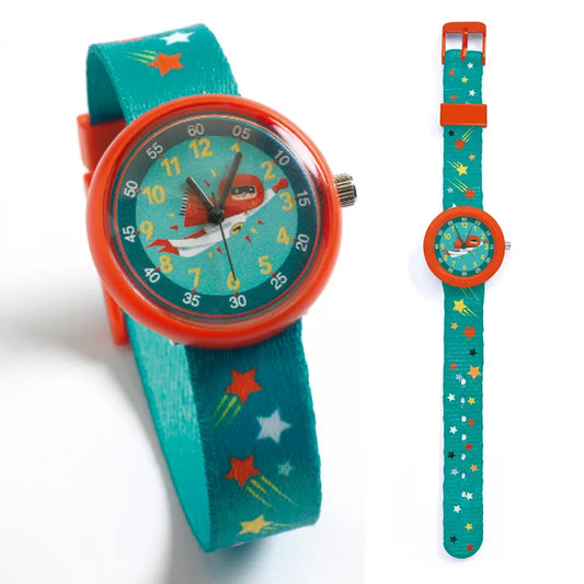 Superhjälte Barnklocka – Turkos & Orange Armband