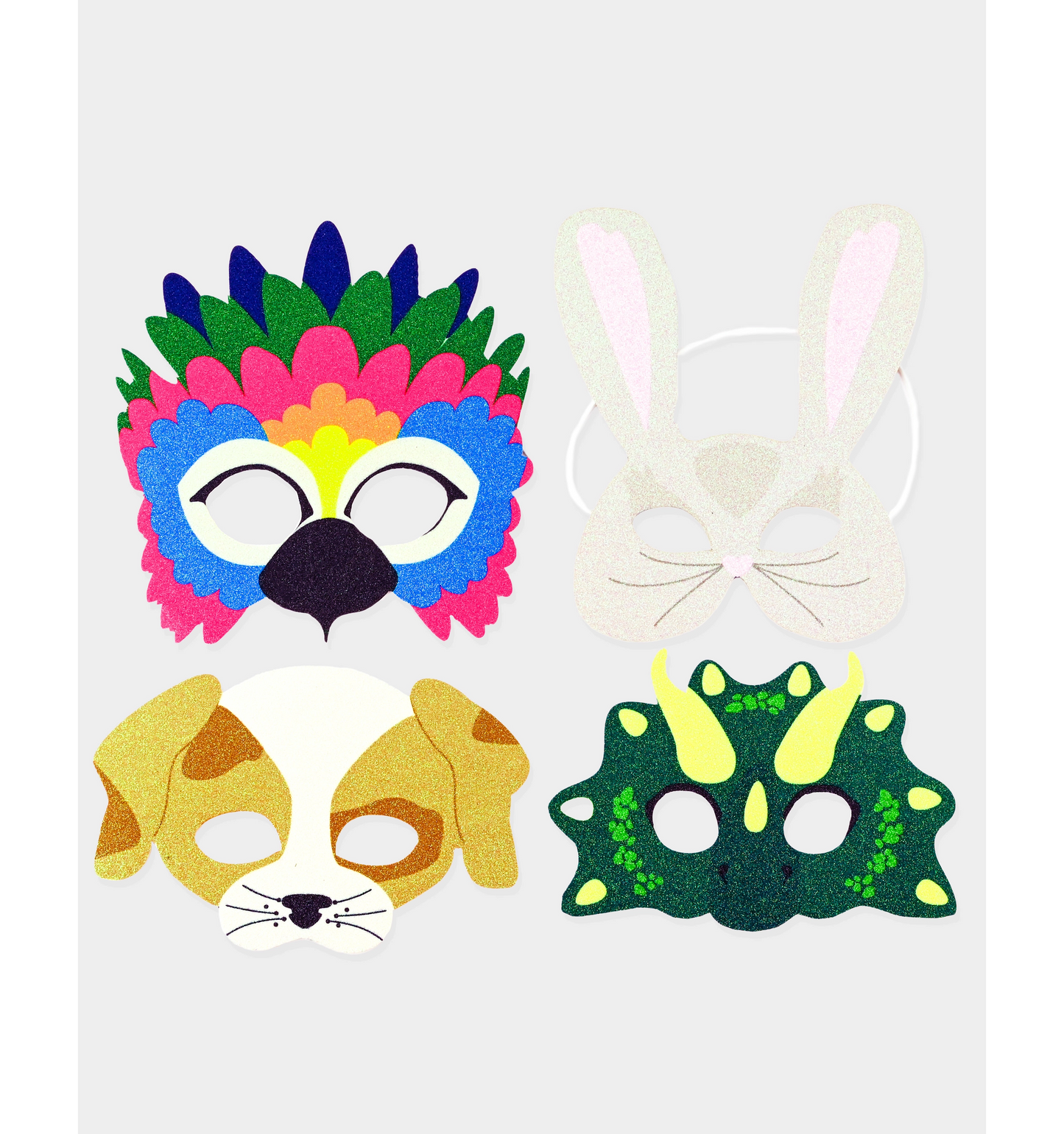Glittermasker djur – 4-pack | Maskeradmasker för barn (17,5 cm) – Perfekt till kalas & utklädning