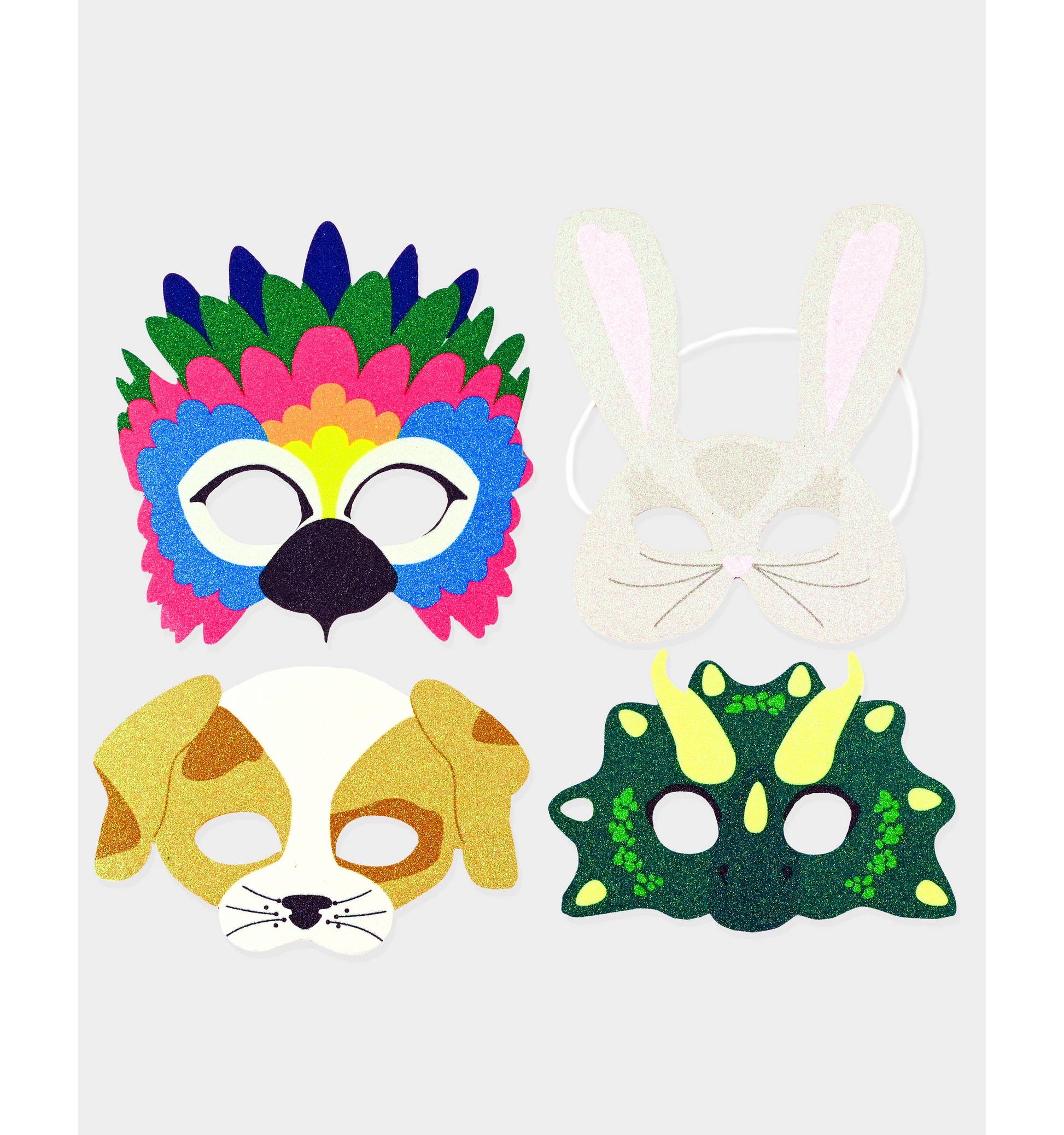 Glittermasker djur – 4-pack | Maskeradmasker för barn (17,5 cm) – Perfekt till kalas & utklädning
